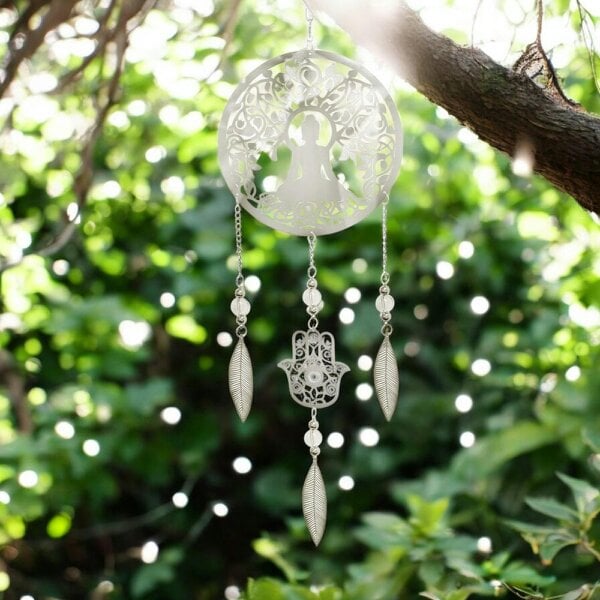 EDH Door Hardware Buddha Stainless Steel Hanging Dreamcatcher – 59cm x 18cm | Spiritual Wind Spinner for Indoor & Outdoor Use | Zen Garden, Meditation