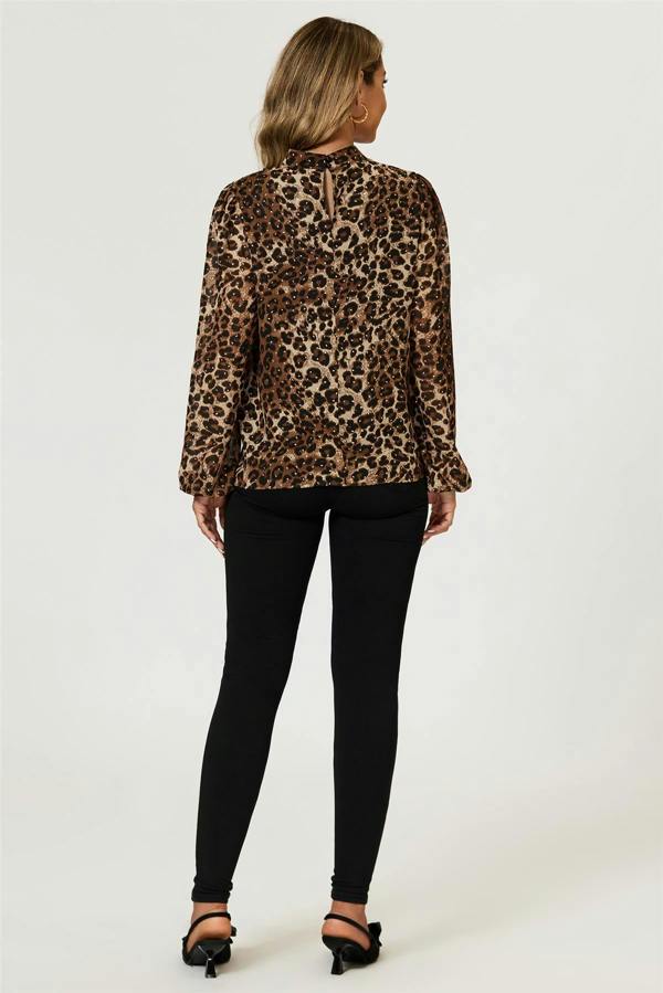 FS Collection Leopard Print Foil Long Sleeve High Neck Top In Brown