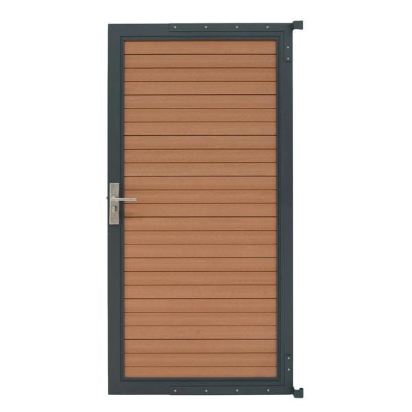Brown composite panel gate featuring a sleek design with horizontal slats and a modern metal frame, ideal for outdoor spaces