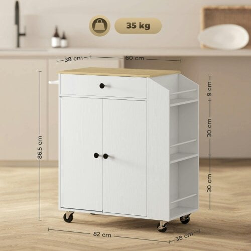 Wyld Haus Semi Wooden White Rolling Kitchen Island With Drawer 3 Tier Spice Rack And Towel Rail