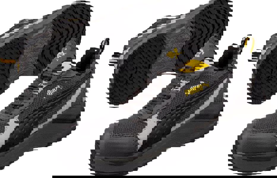 PUMA Safety PUMA Shift S1P Mens Composite Toe Midsole Work Shoes Trainers, durable sporty sneakers with black, gray, and yellow accents, featuring composite toe protection and slip-resistant sole.
