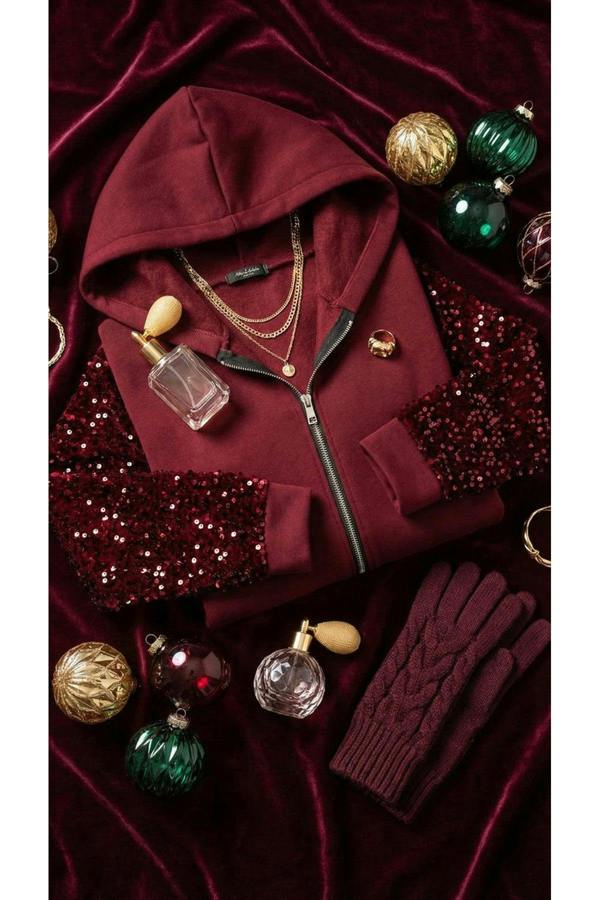 Evalora Zip Up Hoodie With Sequin Sleeve Detail - Wine