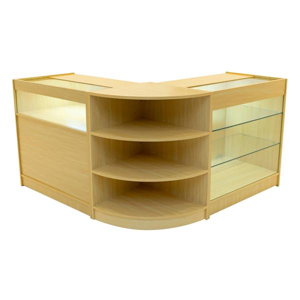 Demeter LED Shop Counter Set K900, B900 & LM60 in maple wood finish, featuring curved edges, glass shelves, and modern design