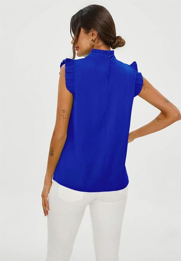 FS Collection Frill Trim Sleeve High Neck Blouse Top In Royal Blue