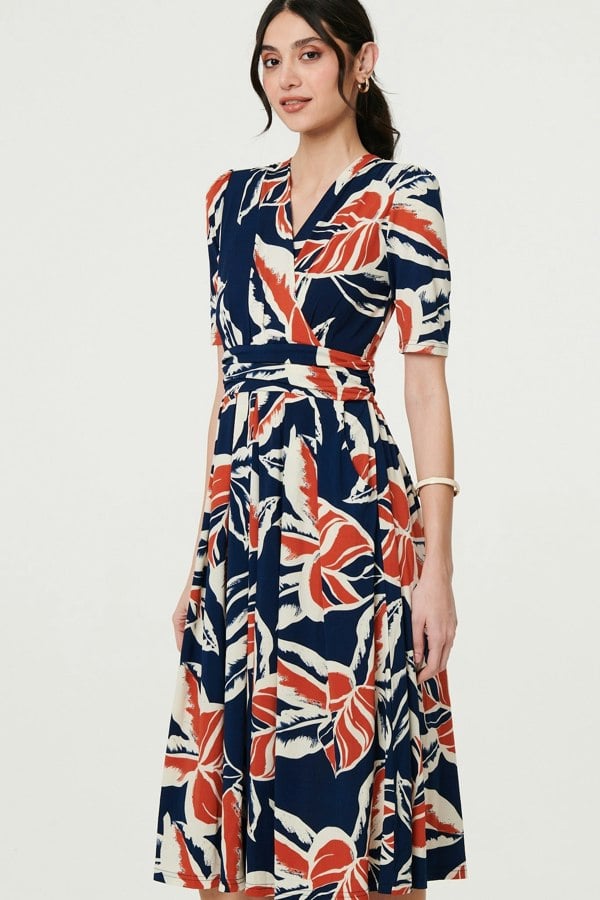 Navy | Floral V-Neck Pleated Midi Wrap Dress
