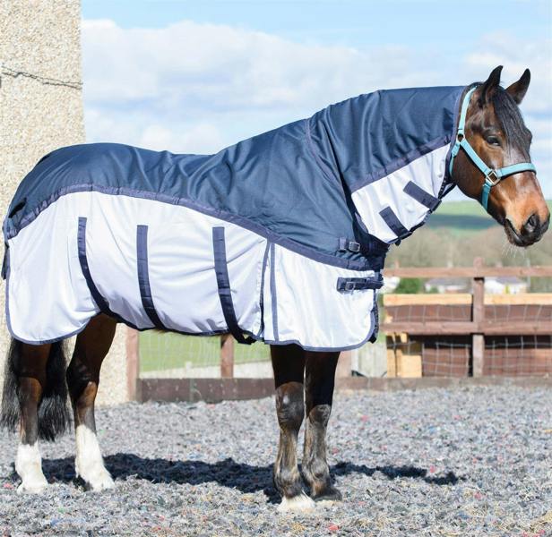 eQuitack 600D 2 in 1 Waterproof Fly Turnout Mesh Horse Rug Fixed Neck Blue/White 5'6''