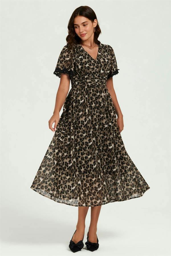 FS Collection Leopard Print Lace Trim On Sleeve Midi Dress In Brown
