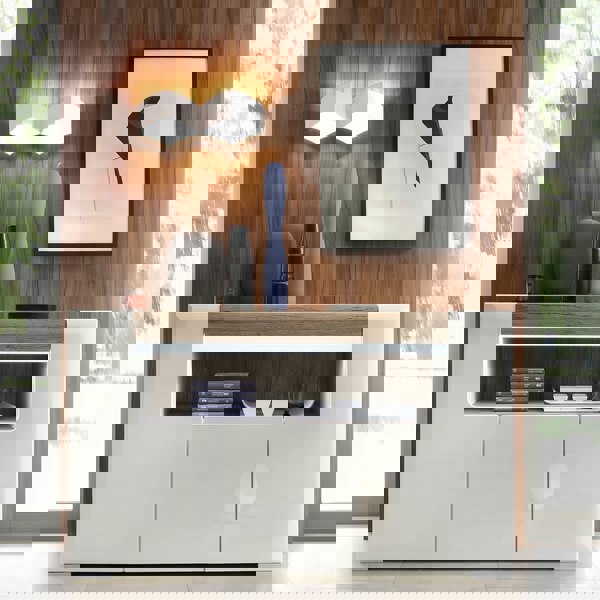 Furniture To Go Toronto 3 Door Sideboard with open shelving (inc. Plexi Lighting) In White and Oak