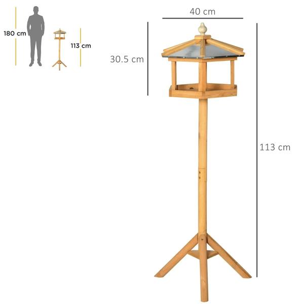 Tall wooden bird feeder gazebo on tripod stand, featuring hexagonal roof and platform
