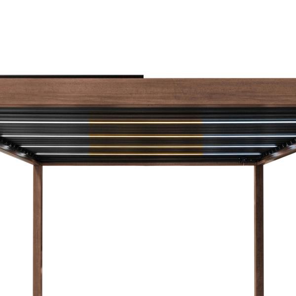 Wood effect aluminum pergola with blinds, featuring a sleek design, LED lights, and sturdy side panels, perfect for outdoor spaces
