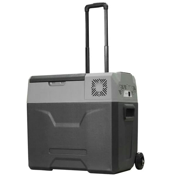 Grey portable compressor cooler box with pull handle and front access door