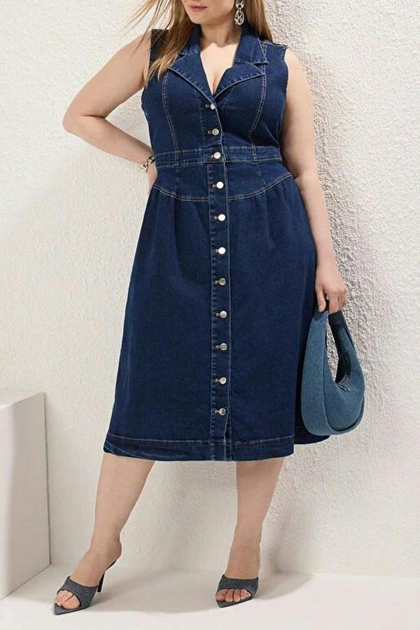 WOVCOR Jacket Collar A-line Comfort Denim Plus Size Dress
