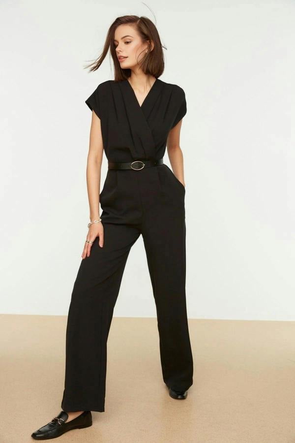 WOVCOR Wrap-Neck Wide-Leg Woven Jumpsuit with Belt