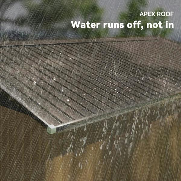 Metal shed roof panel shedding rain water, showing water runoff on textured surface