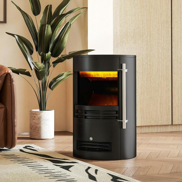 Black freestanding electric fireplace heater with glass flame window and chrome handles