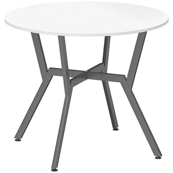 Round dining table with glossy white tabletop and black metal legs