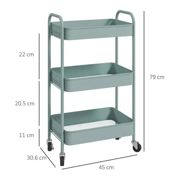 Light blue three-tier steel storage trolley with open shelves and caster base
