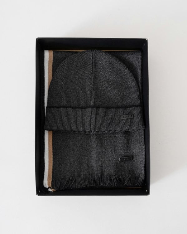 BOSS Orange Mens Henzo Hat & Scarf Gift Set - Medium Grey 030 - CHO - Designer Mens Gift Sets
