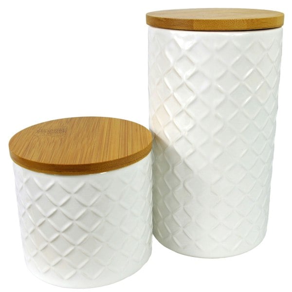 Leaf Set of Two Ceramic Jars Embossed Cream Canisters with Lids