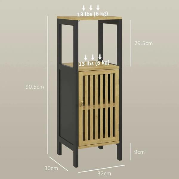 Black bathroom storage cabinet with bamboo slatted door and upper open shelf, side view