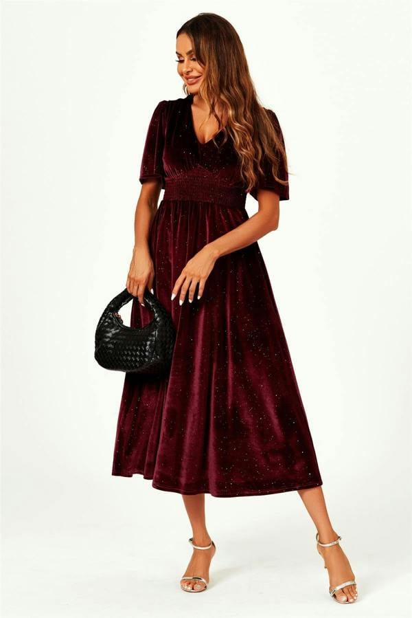 FS Collection V Neck Velvet Midi Dress In Wine