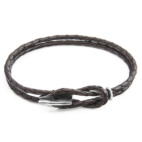 Anchor & Crew Dark Brown Padstow Silver and Braided Leather Bracelet