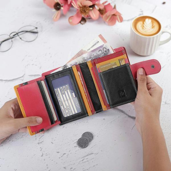 Inside view of Soft Black Leather Colourful Purse – Camellia London  with card slots and notes
