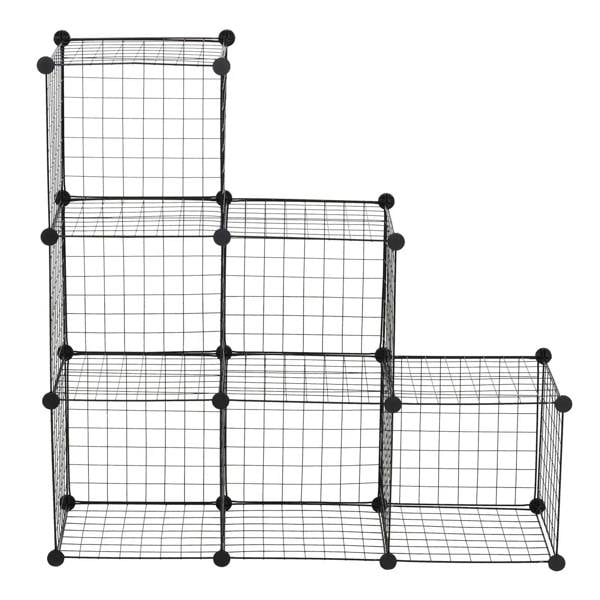 Black metal wire interlocking cube storage rack, open front and grid walls