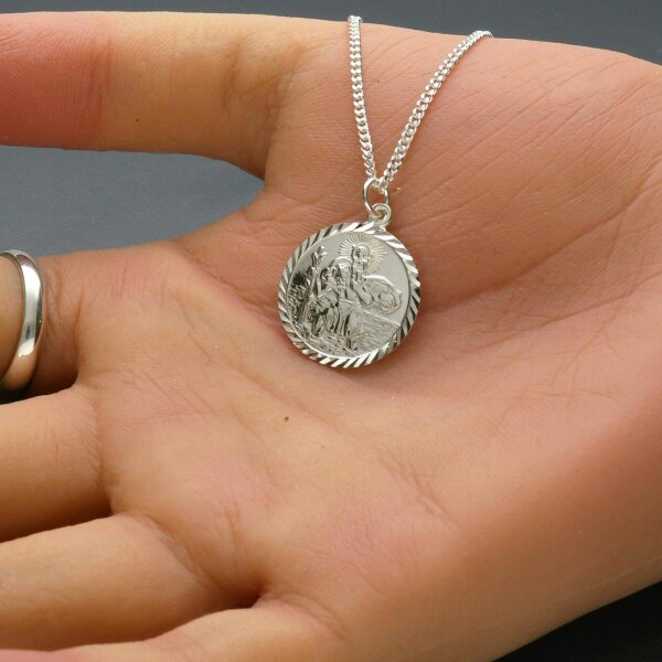 Christopher James of London Sterling Silver Diamond Cut 19mm St Christopher Pendant With Optional Engraving and Chain