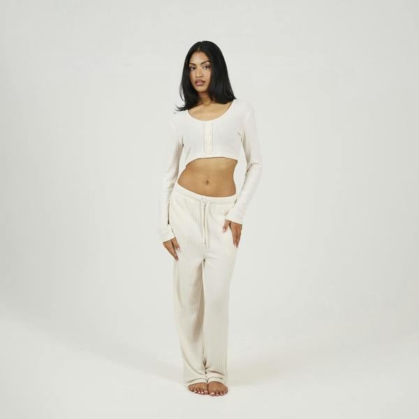 Brave Soul Ivory Cropped Long Sleeve & Wide Leg Lounge Set - Ivory Image 1
