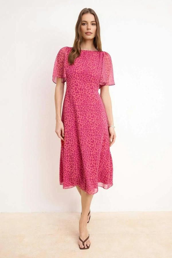 WOVCOR Animal Print A-Line Lined Chiffon Midi Dress