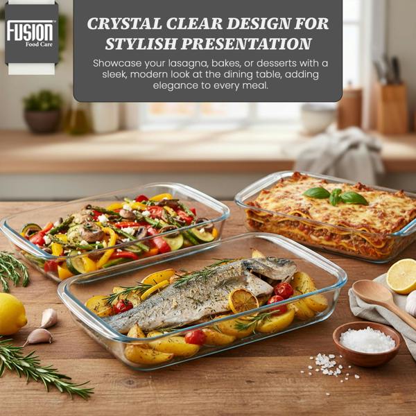 Fusion Food Glass Baking Dish 3 Piece Set - 1000ml/1600ml/2200ml Borosilicate Glass Casserole Dishes for Oven, Freezer, Microwave & Dishwasher Safe