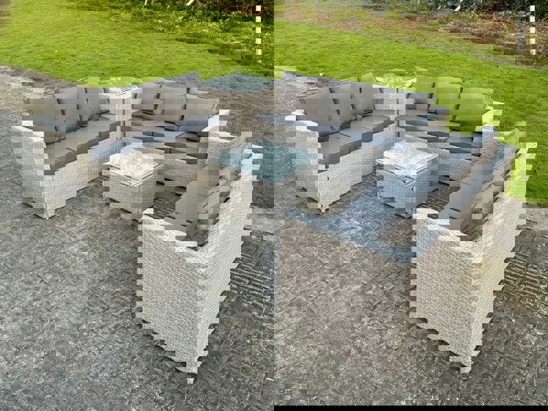 Fimous Light Grey Lounge Outdoor PE Rattan Garden Furniture Set PE Wicker Sofa Set Square Coffee Table Side Table 6 Seater