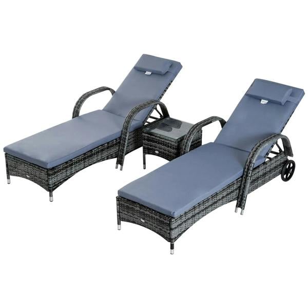 Grey PE rattan sun lounger with light-blue cushions and rolling wheels