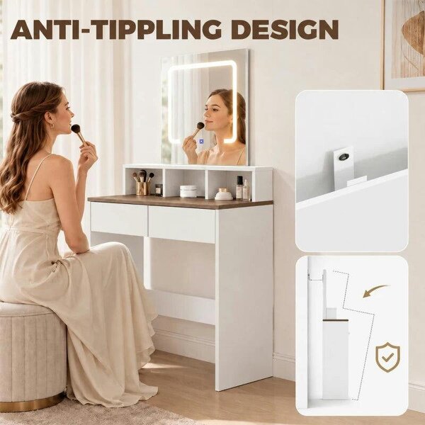 Vanity Table, Dressing Table with Mirror, LED Lights, 2 Drawers, 3 Compartments, Colour Changing, Walnut Brown and White