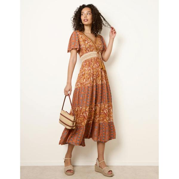 Blue Vanilla Mix Print Beaded Wrap Dress