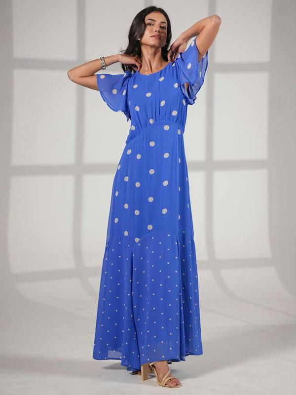 Rose & Nancy Joanna Blue And White Polka Dot Print Frill Sleeve Maxi Dress