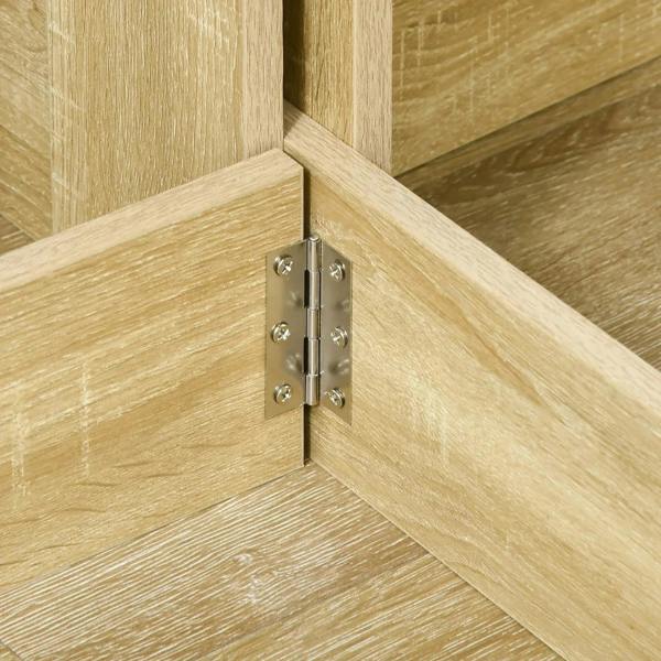 Oak table hinge with metal hardware connecting drop-leaf panels