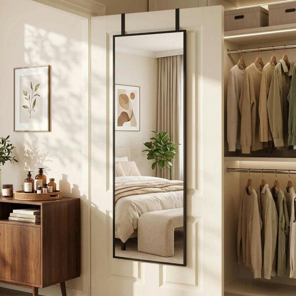 40 x 110 cm Full Length Wall Mirror, Rectangular Mirror with Adjustable Hooks, Over the Door or Wall Mounted, Black