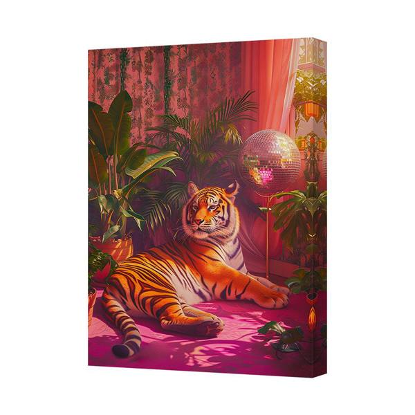 Benjamin Tate Design Tiger In Neon Jungle Canvas Print With Disco Ball Decor