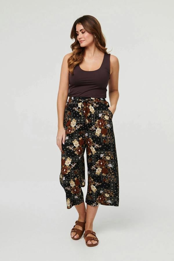 Black | Printed High Waist Wide Cropped Trousers