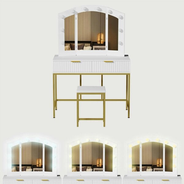 Kosy Koala White Dressing Table with LED Lights Mirror Drawers Vanity Makeup Stool Desk Set