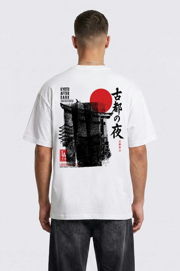 London Attitude Kyoto After Dark Oversized Heavyweight Japanese Graphic T-Shirt in White