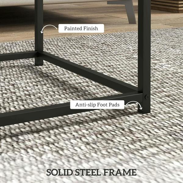 Black steel frame nest table with anti-slip foot pads; painted finish close-up
