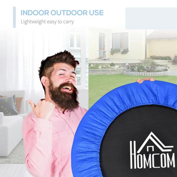 Blue trampoline rim and black jumping surface with white Homcom logo