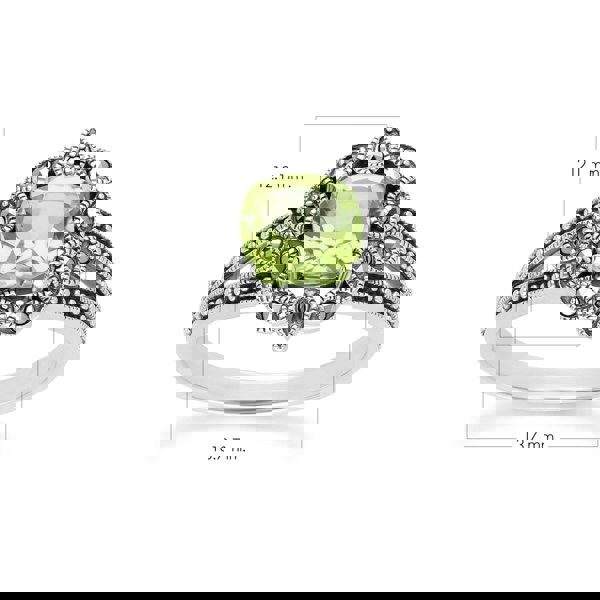 Gemondo Art Deco Style Cushion Peridot & Marcasite Ring in Sterling Silver