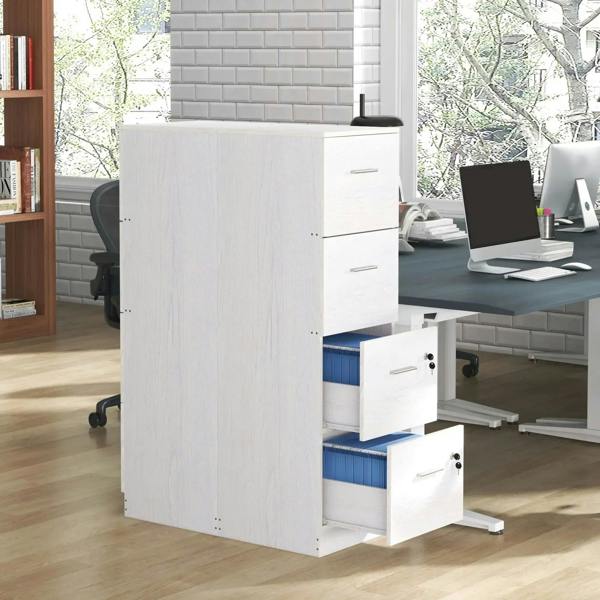 White wood-effect four-drawer filing cabinet with open lower drawers and blue interior