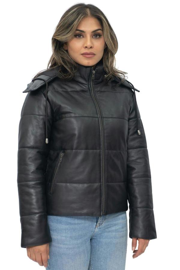 Infinity Leather Womens Puffer Leather Bomber Jacket-Ajax