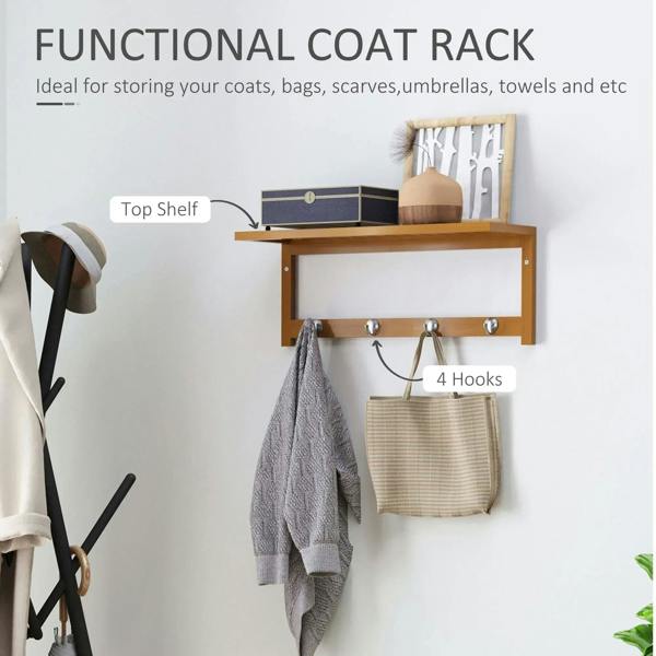 Wooden coat rack with top shelf and 4 metal hooks for coats and bags.