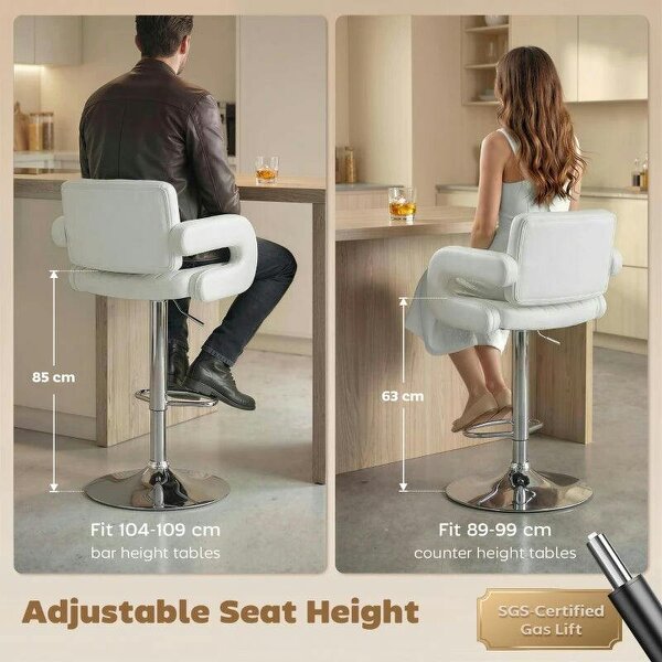 Bar Stools Adjustable Swivel Kitchen Chairs with Backrest Armrest Set of 2 PU Leather White